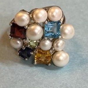 Semi precious stones & fresh water pearls sterling silver ring - size 6